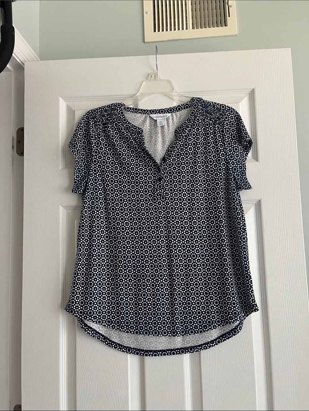 Liz Claiborne Navy and White Floral Dot Blouse